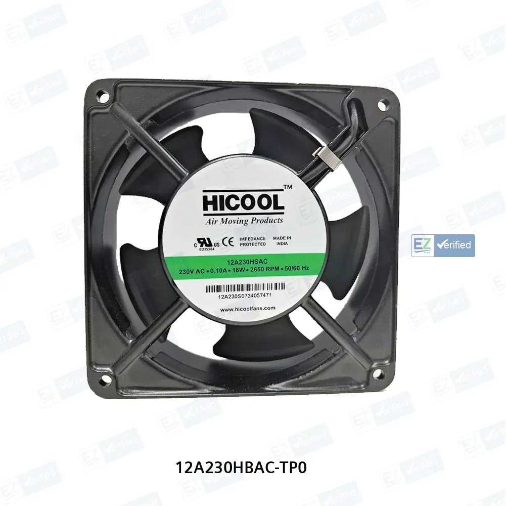 HICOOL Compact (AC) Axial Cooling Fan 100 mm (4 Inch), Black, Square Metal Housing, Ball Bearing, 230V AC, 50/60 Hz, 18/17 W, 2650/2800 RPM, with Terminal End for Connection, Tray Packing