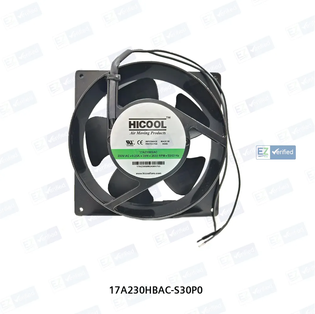 HICOOL Compact (AC) Axial Cooling Fan 150 mm (6 Inch), Black, Square Metal Housing, Ball Bearing, 230V AC, 50/60 Hz, 38/37 W, 2600/2750 RPM, with Lead Wires, Tray Packing