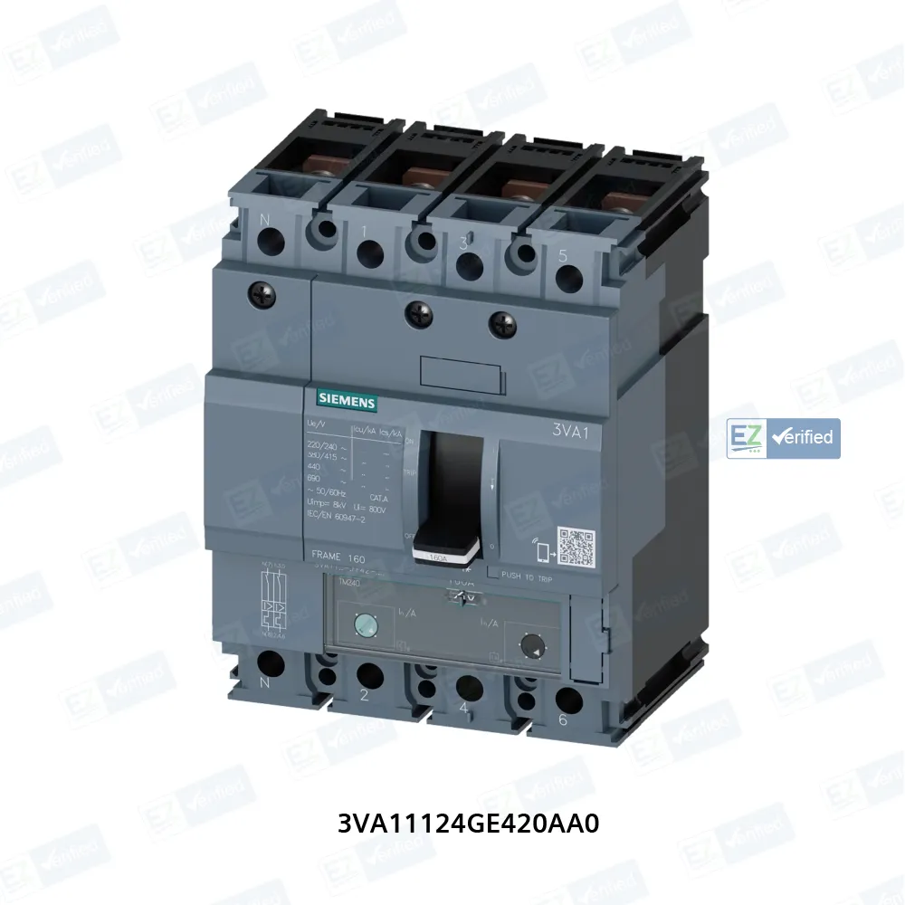 Siemens 3VA 3VA11124GE420AA0 MCCB 125 Amp 4 Pole 36 kA Adjustable Thermal Fixed Magnetic (ATFM)