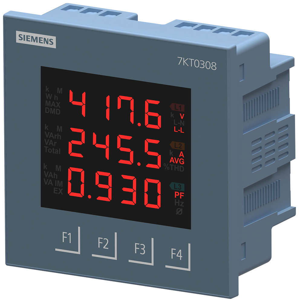 Siemens 7KT Power Monitoring Device Panel instrument Modbus RTU Multi line LED Display Vaux: 95V to 240V AC x/1 or 5 A, Class 1 7KT0308