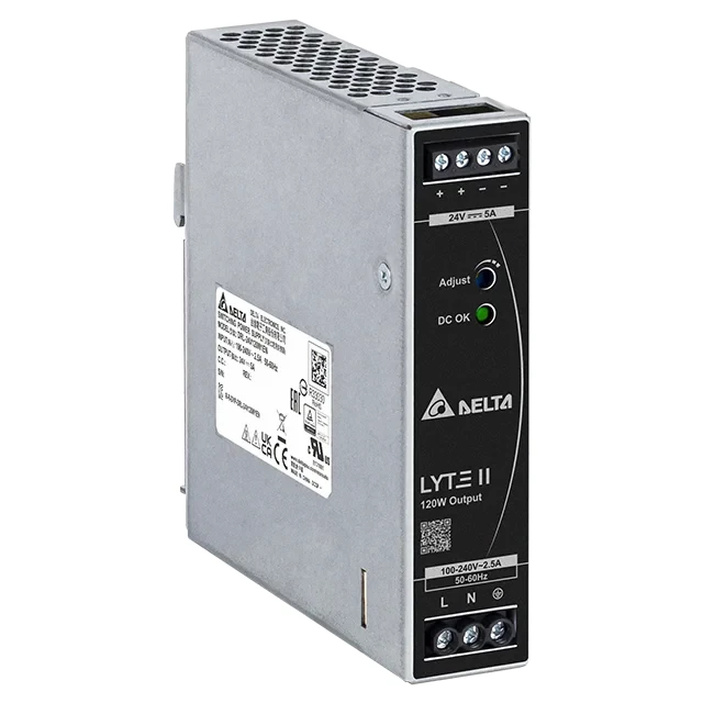 Delta DRL-LYTE 2 Power Supply Module, DIN Rail, 5 A, 24 V DC Output, 90-264 V AC Input, 120 W Output Power, Single Phase