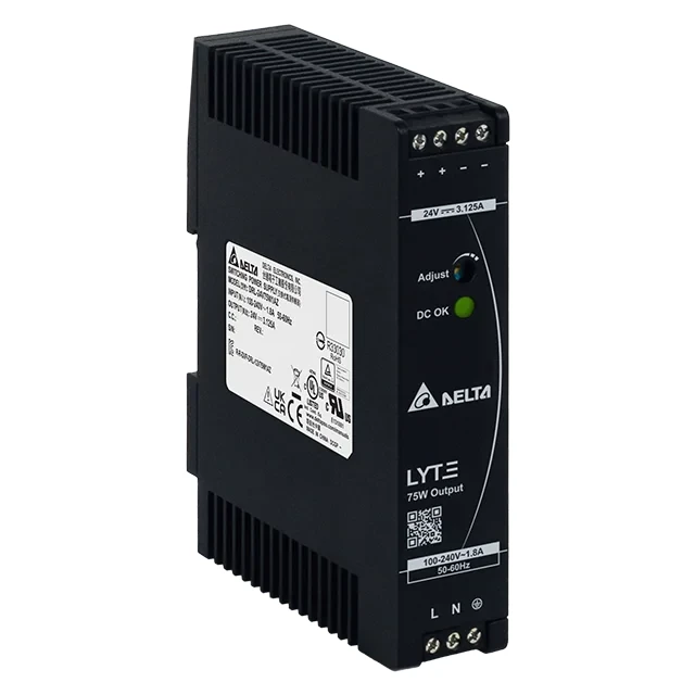 Delta DRL-LYTE Power Supply Module, DIN Rail, 3.1 A, 24 V DC Output, 85-264 V AC Input, 75 W Output Power, Single Phase