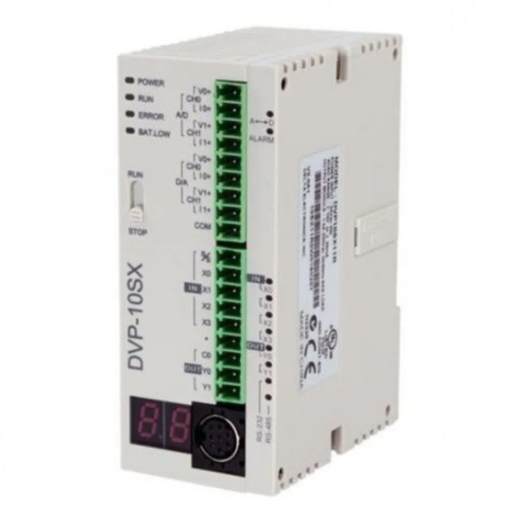 Delta (DVP-S Series) PLC Main Unit 32-bit CPU with 8k Steps 4 Digital Inputs and 2 Digital Outputs - Relay 2 Analog Inputs and 2 Analog Outputs RS-232 and RS-485 Ports Power Supply 24V DC DVP10SX11R