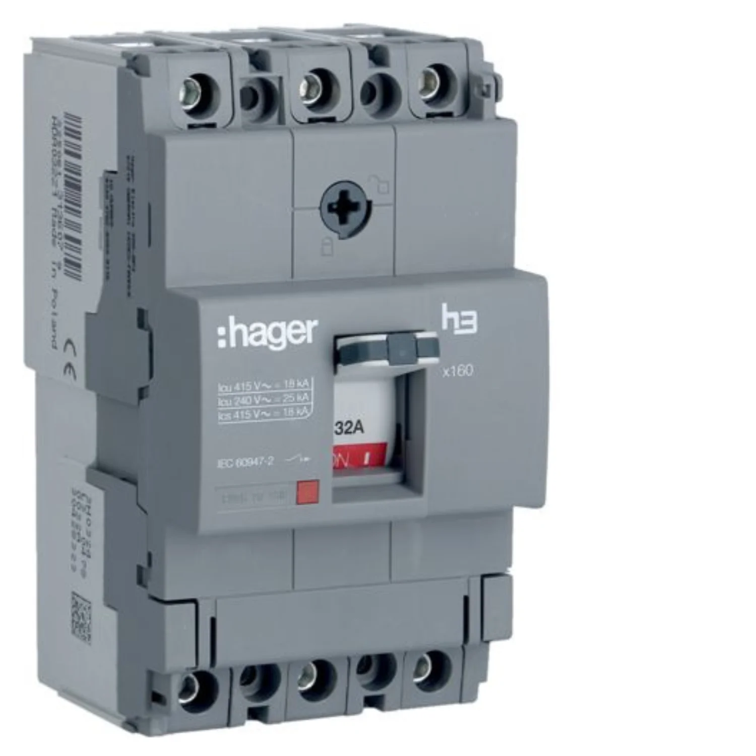 Hager h3  32 Amp 3 Pole 18 kA Fixed O/L & Fixed S/C Settings Thermal Magnetic Trip Unit MCCB HDA032Z