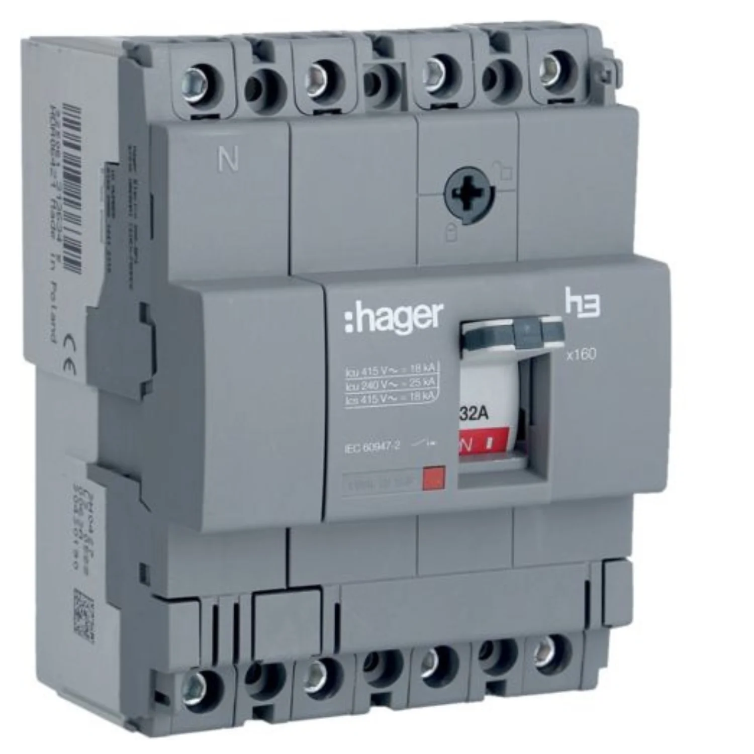 Hager h3  32 Amp 4 Pole 18 kA Fixed O/L & Fixed S/C Settings Thermal Magnetic Trip Unit MCCB HDA033Z