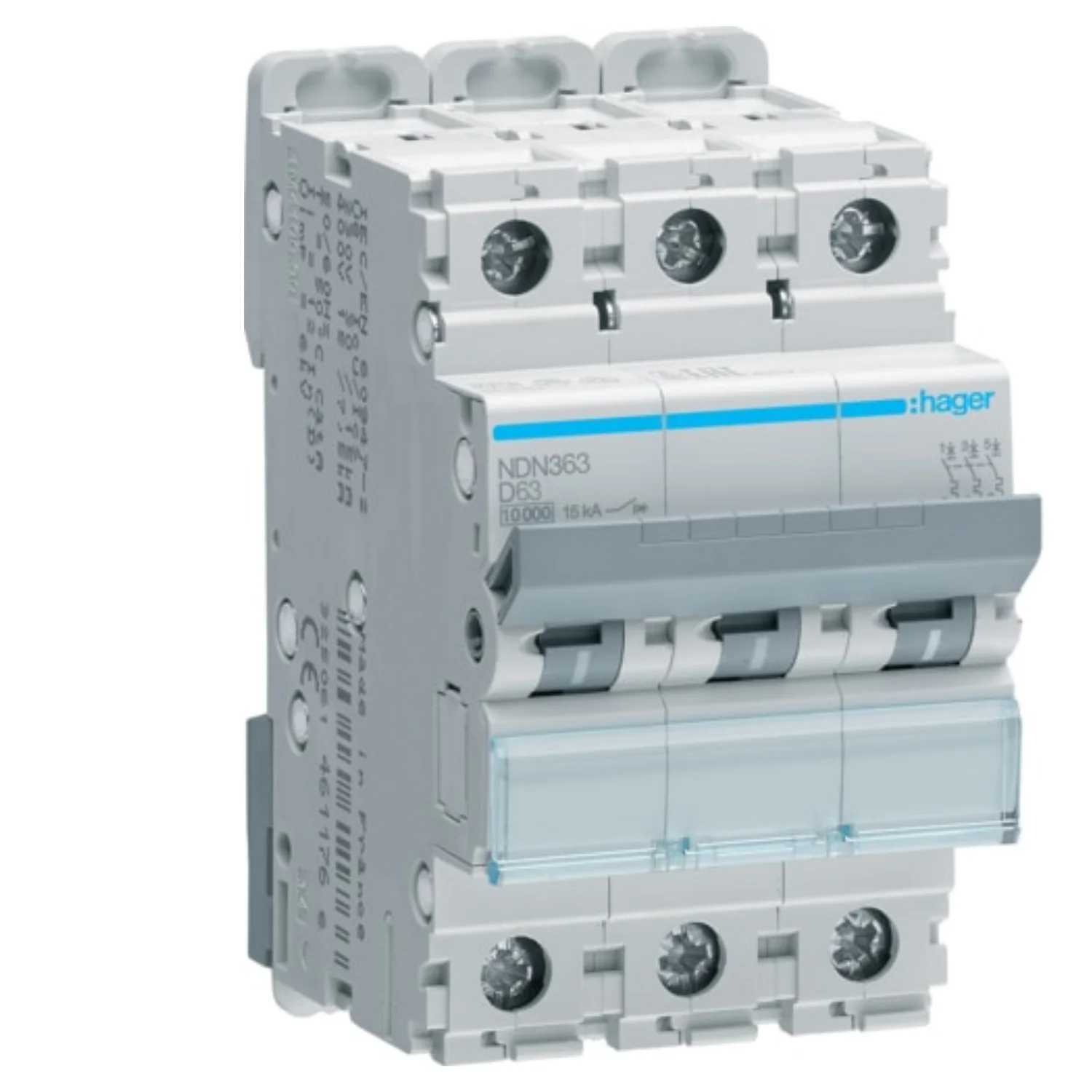Hager h3 MCB 63 A 3 Pole 10 kA D-Curve MCB NDN363N