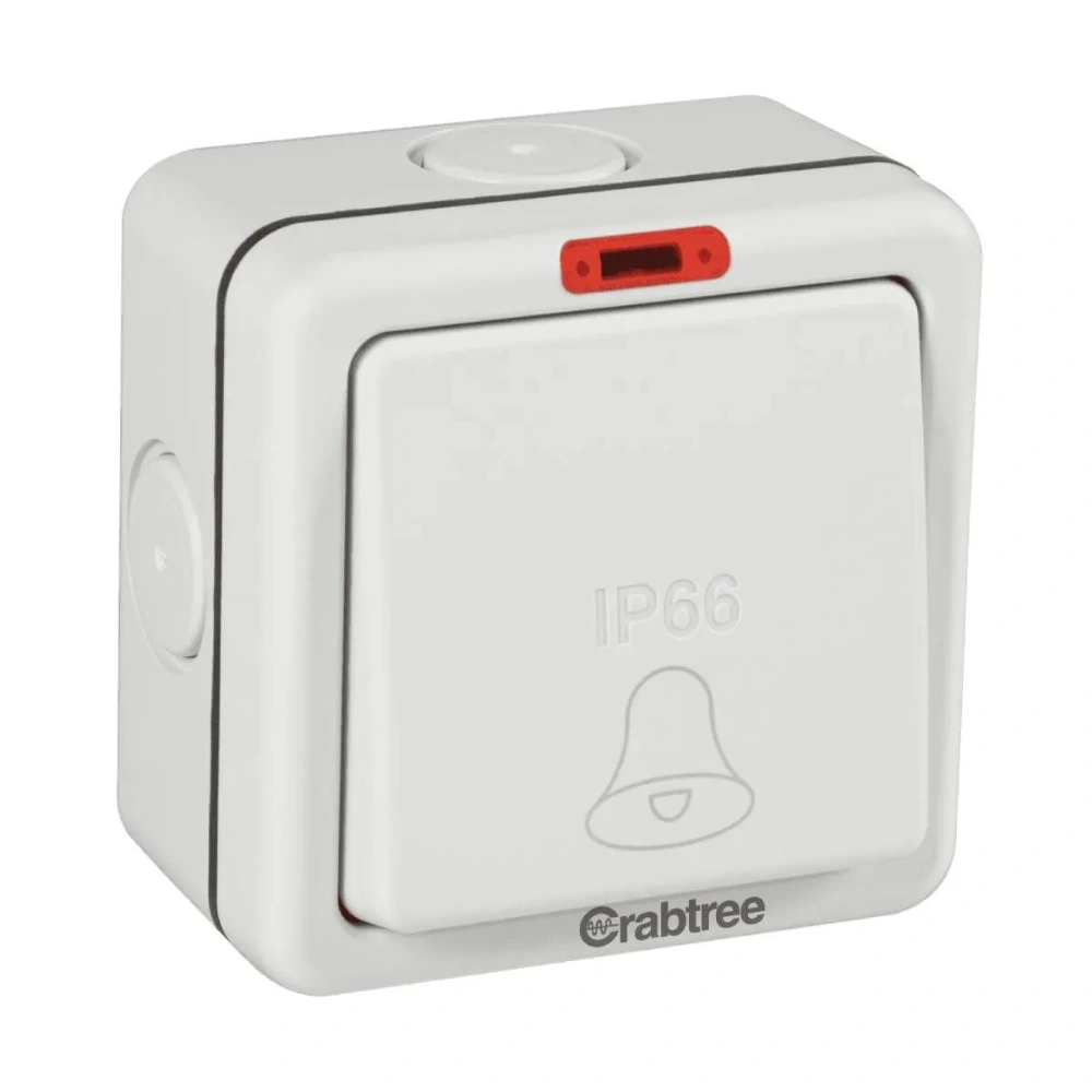 Havells Crabtree White Bell Push Switch 10 A 2 Module 1 Gang With Indicator IP66 ACWCBXW101