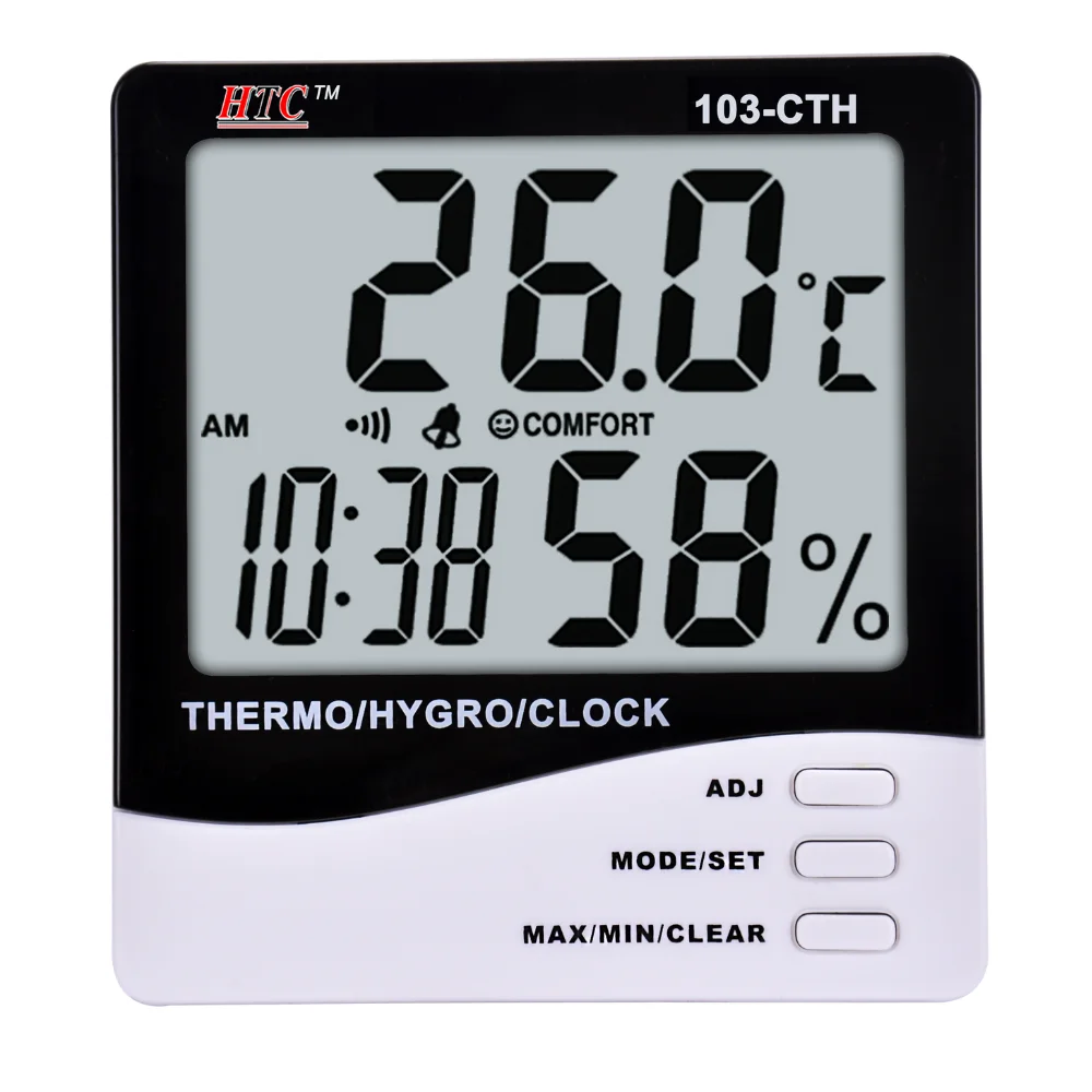 HTC Instruments 103-CTH Thermo/Hygrometer Clock 2 Line LCD Display, 70°C