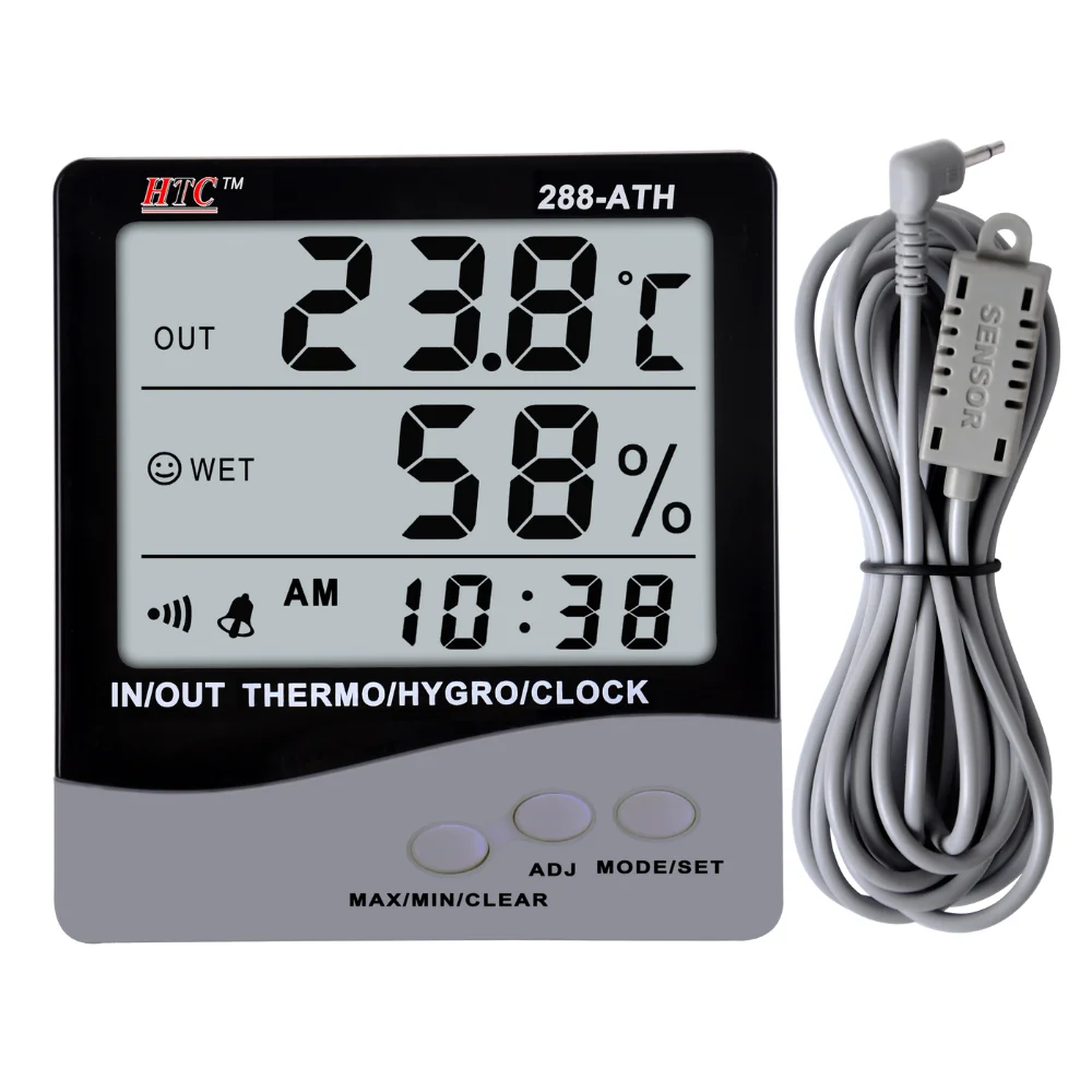HTC Instruments 288-ATH IN/OUT Thermo/Hygrometer Clock 3 Line LCD Display, 70°C