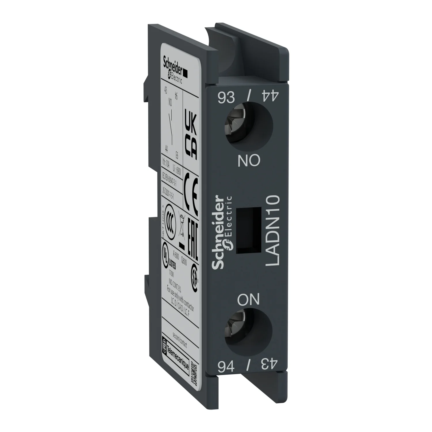 Schneider Electric TeSys Additional Instantaneous Auxiliary Contact Block 1 NO Suitable For TeSys D LC1D80 - LC1D95 & LC1F Contactor Front Mounting LADN10