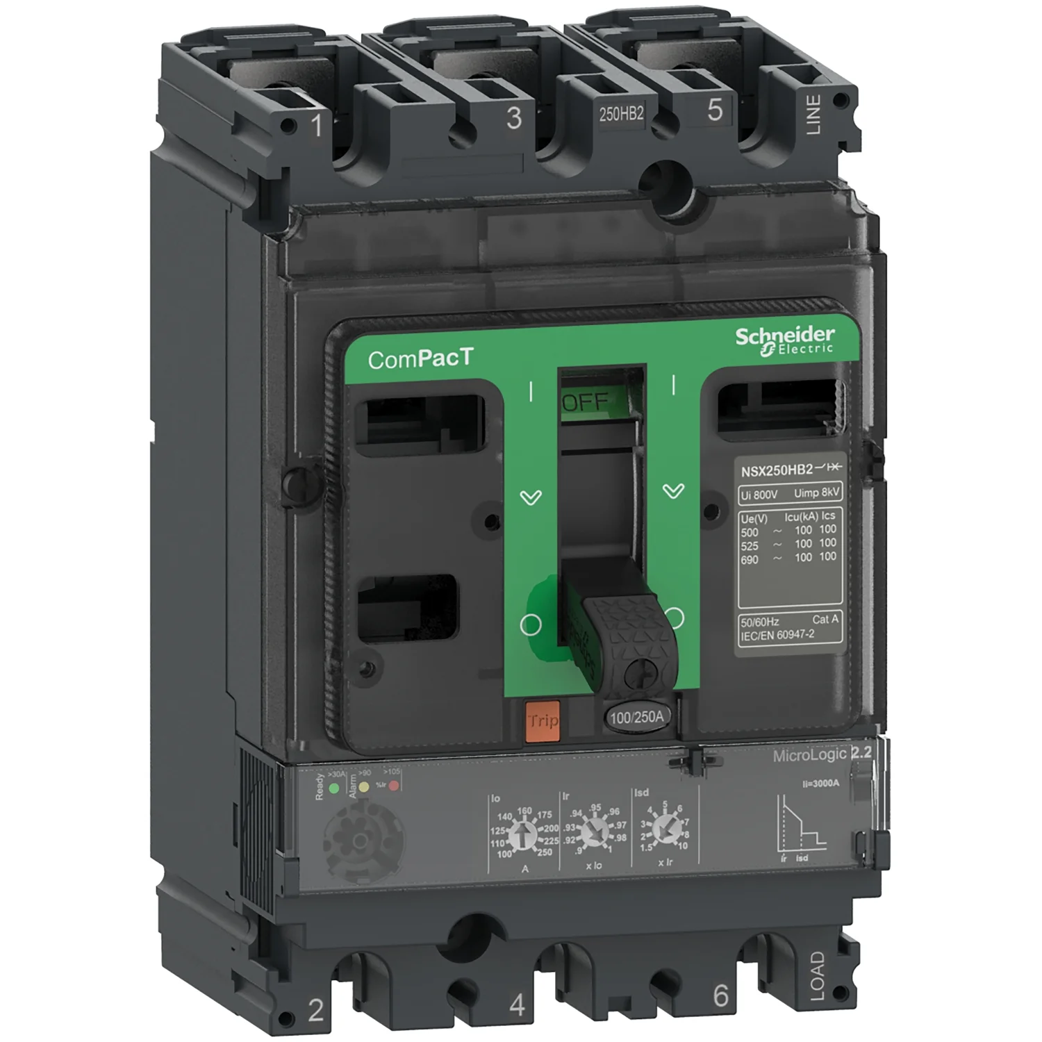 Schneider Electric Compact NSX  100 Amp 3 Pole 36 kA Adjustable O/L & Adjustable S/C Settings Thermal Magnetic Trip Unit TMD MCCB C10F3TM100