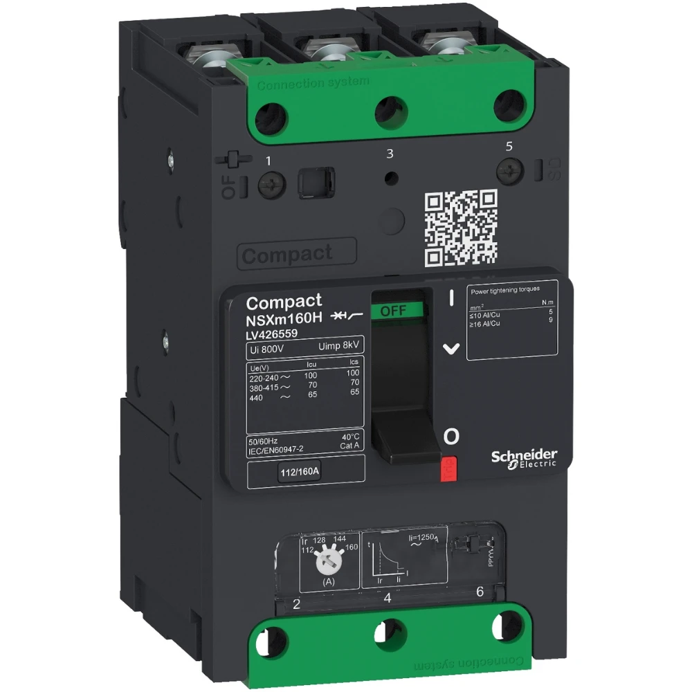 Schneider Electric ComPact NSXm E MCCB 100 A 3 Pole 16 kA Adjustable Overload & Fixed Short Circuit Settings Thermal Magnetic Trip Unit LV426157