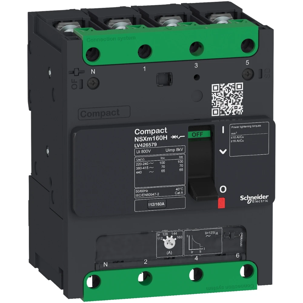 Schneider Electric ComPact NSXm F MCCB 100 A 4 Pole 36 kA Adjustable Overload & Fixed Short Circuit Settings Thermal Magnetic Trip Unit LV426367