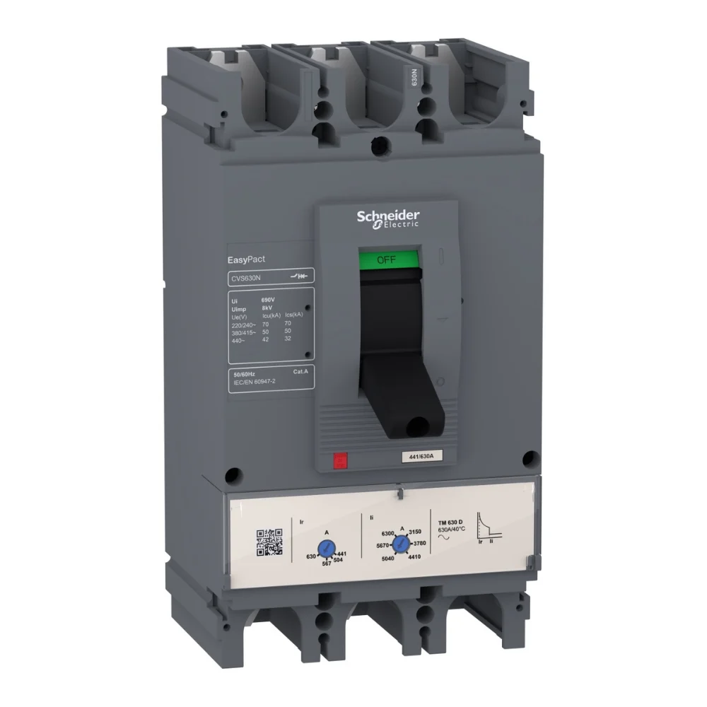 Schneider Electric Easypact CVS MCCB 630 A 3 Pole 50 kA Adjustable Overload & Fixed Short Circuit Settings Thermal Magnetic Trip Unit LV563317