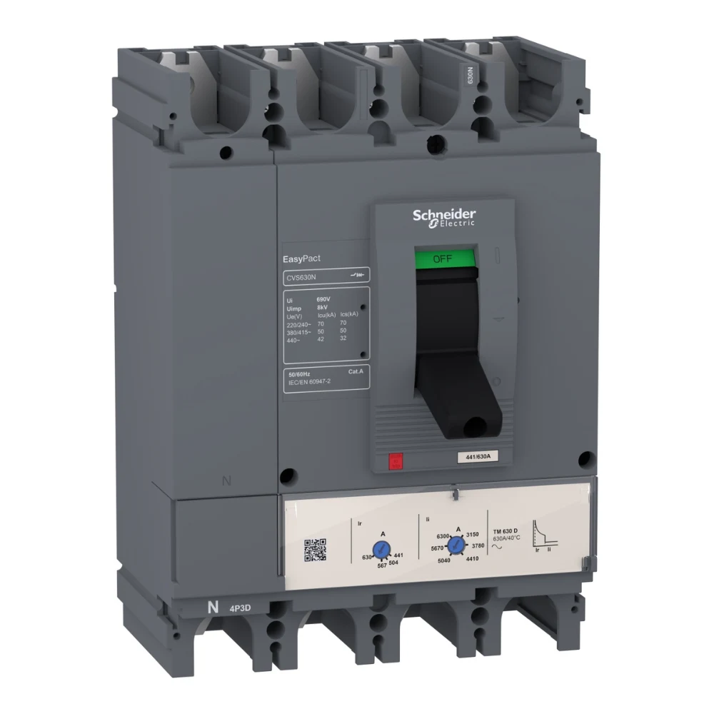 Schneider Electric Easypact CVS MCCB 630 A 4 Pole 50 kA Adjustable Overload & Fixed Short Circuit Settings Thermal Magnetic Trip Unit LV563320