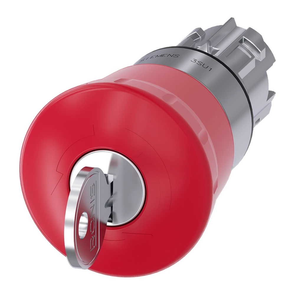 Siemens 3SU Emergency Stop Mushroom Push Button 22 mm Red Metal with RONIS lock lock Number SB30 KeyOperated Release 3SU10501HF200AA0