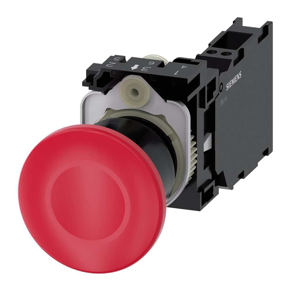 Siemens Sirius ACT 3SU1 Emergency Stop Mushroom Push Button 22 mm, Red, 40 mm, With Holder, 1 NO + 1 NC, Pull-to-Unlatch Mechanism, Spring Terminal