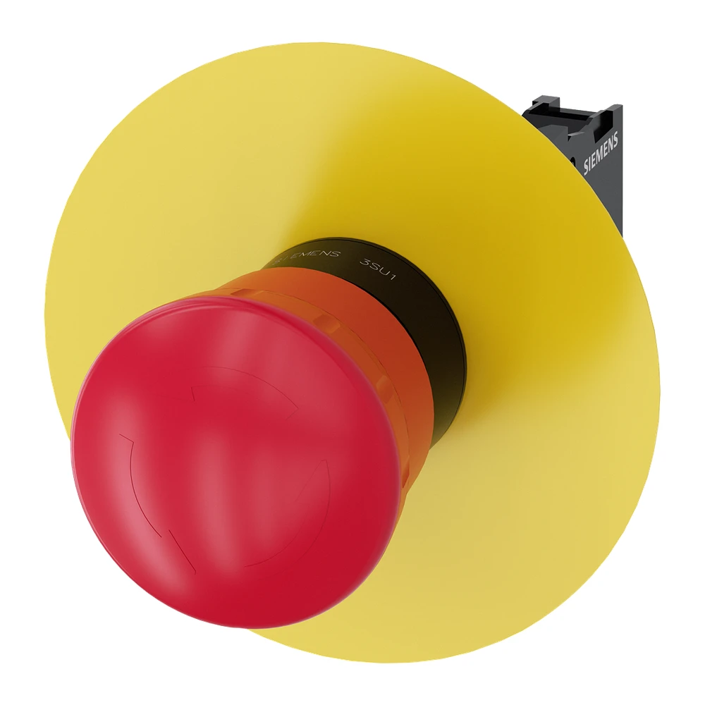 Siemens 3SU Emergency Stop Mushroom Push Button 22 mm Red 40 mm With Yellow Blank Plate With Holder 1 NC RotatetoUnlatch Without Inscription 3SU11001HB201CF0