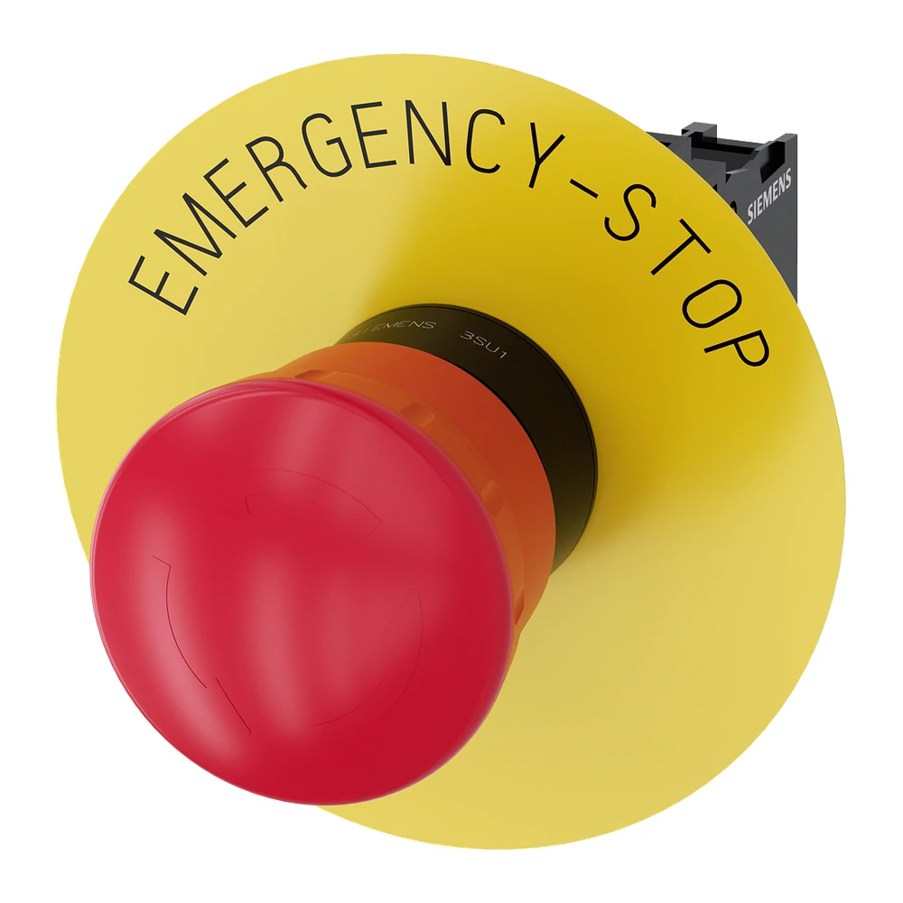 Siemens Emergency Stop Mushroom Push Button 22 mm Red 40 mm With Yellow Blank Plate With Holder 1 NC RotatetoUnlatch 3SU11001HB201PG0