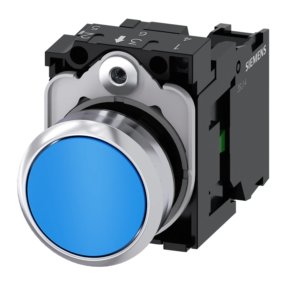 Siemens Sirius ACT 3SU1 Push Button 22 mm, Round, Metal, Shiny, Blue, With Holder 1 NO, Flat Momentary Contact Type
