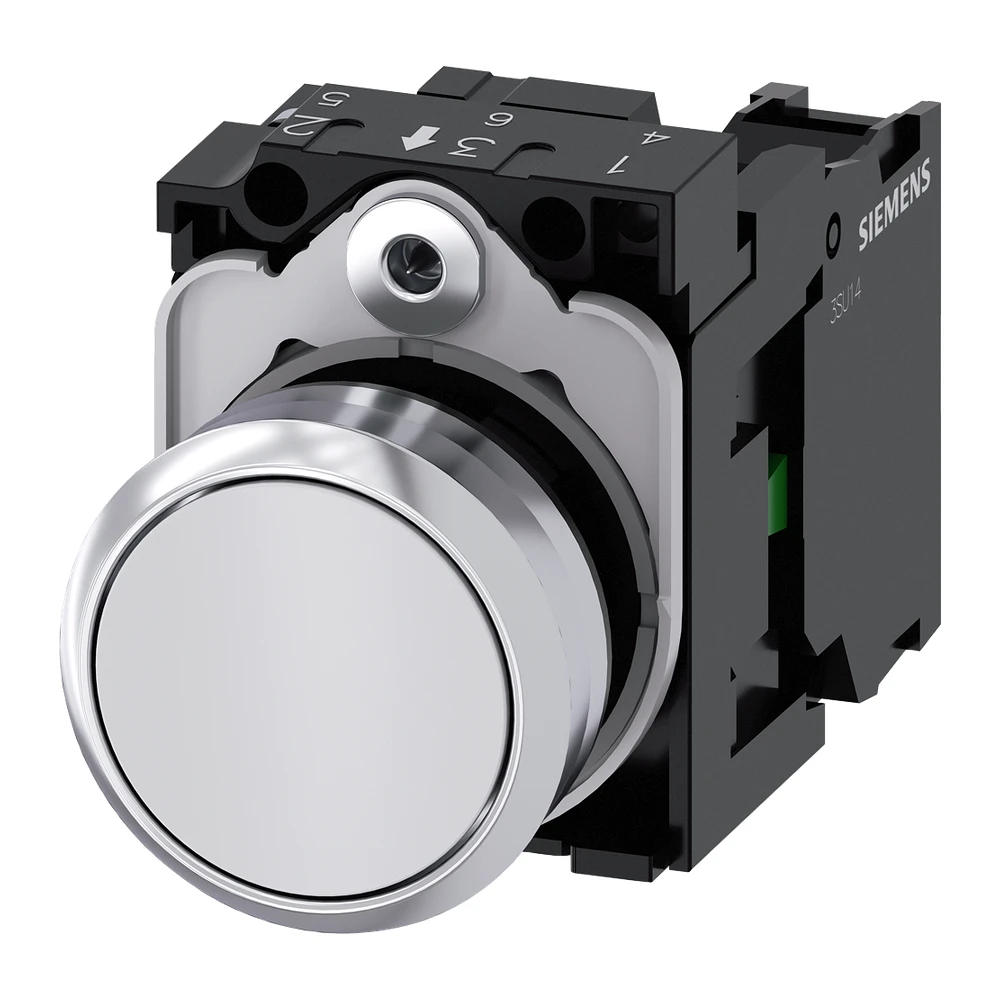 Siemens 3SU Push Button 22 mm Round Metal Shiny White1 NO Flat Momentary Contact Type 3SU11500AB601BA0