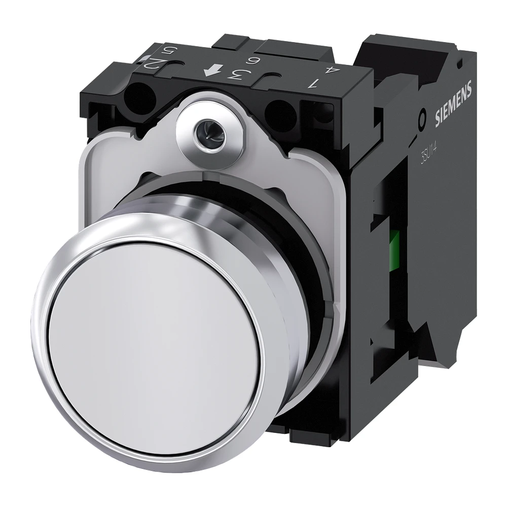Siemens 3SU Push Button 22 mm Round Metal Shiny White With Holder 1 NO Flat Momentary Contact Type Spring Terminal 3SU11500AB603BA0