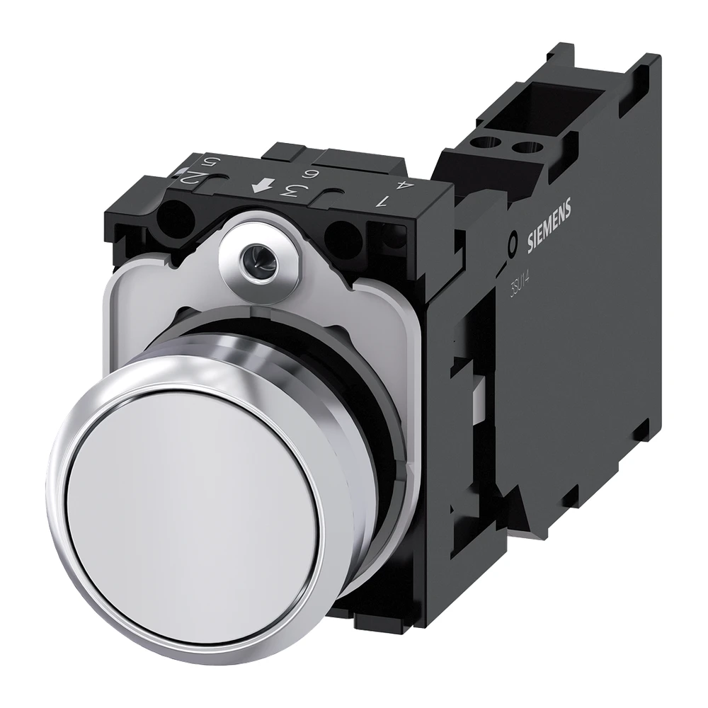 Siemens 3SU Push Button 22 mm Round Metal Shiny White With Holder 1 NO + 1 NC Flat Momentary Contact Type 3SU11500AB603FA0