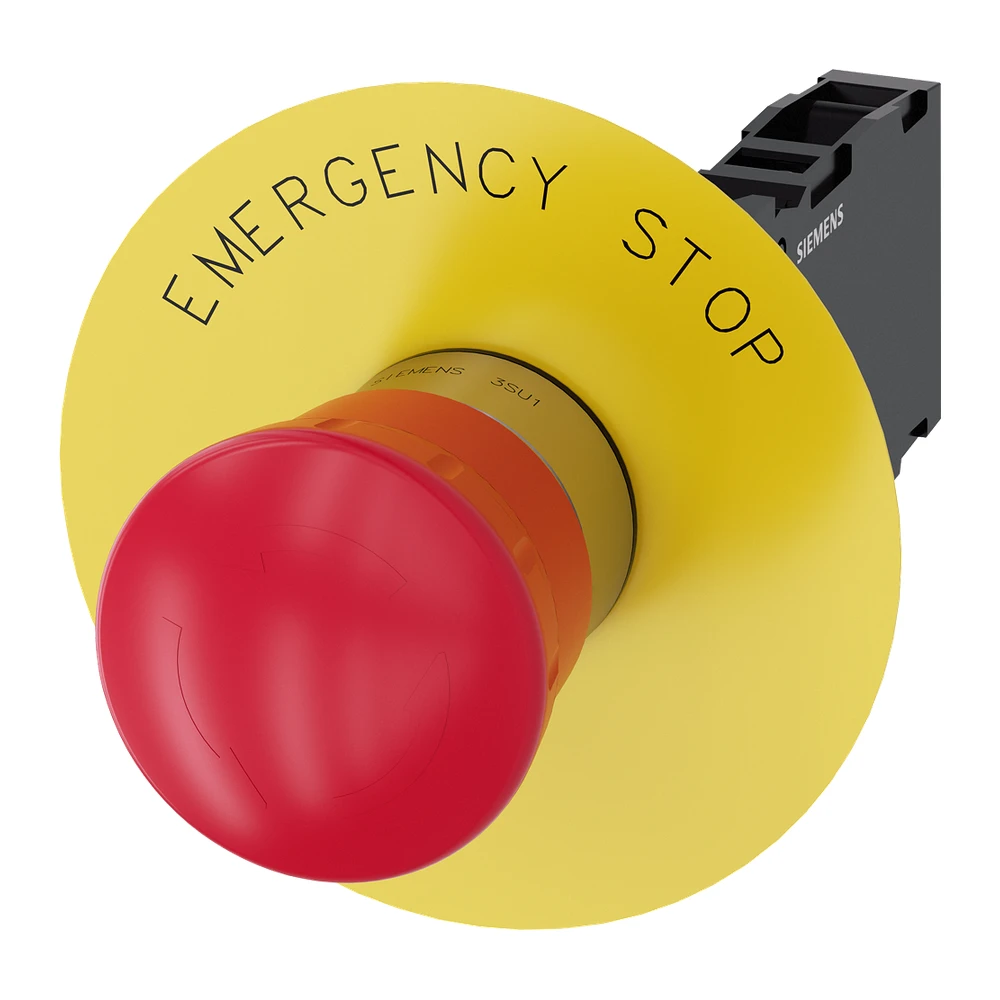 Siemens 3SU Emergency Stop Mushroom Push Button 22 mm Red Metal 40 mm With Holder 1 NO + 1 NC 3SU11501HB201FG0