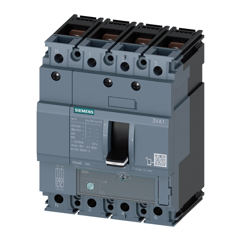 Siemens 3VA 3VA11106GE420AA0 MCCB 100 Amp 4 Pole 70 kA Adjustable Thermal Fixed Magnetic (ATFM)