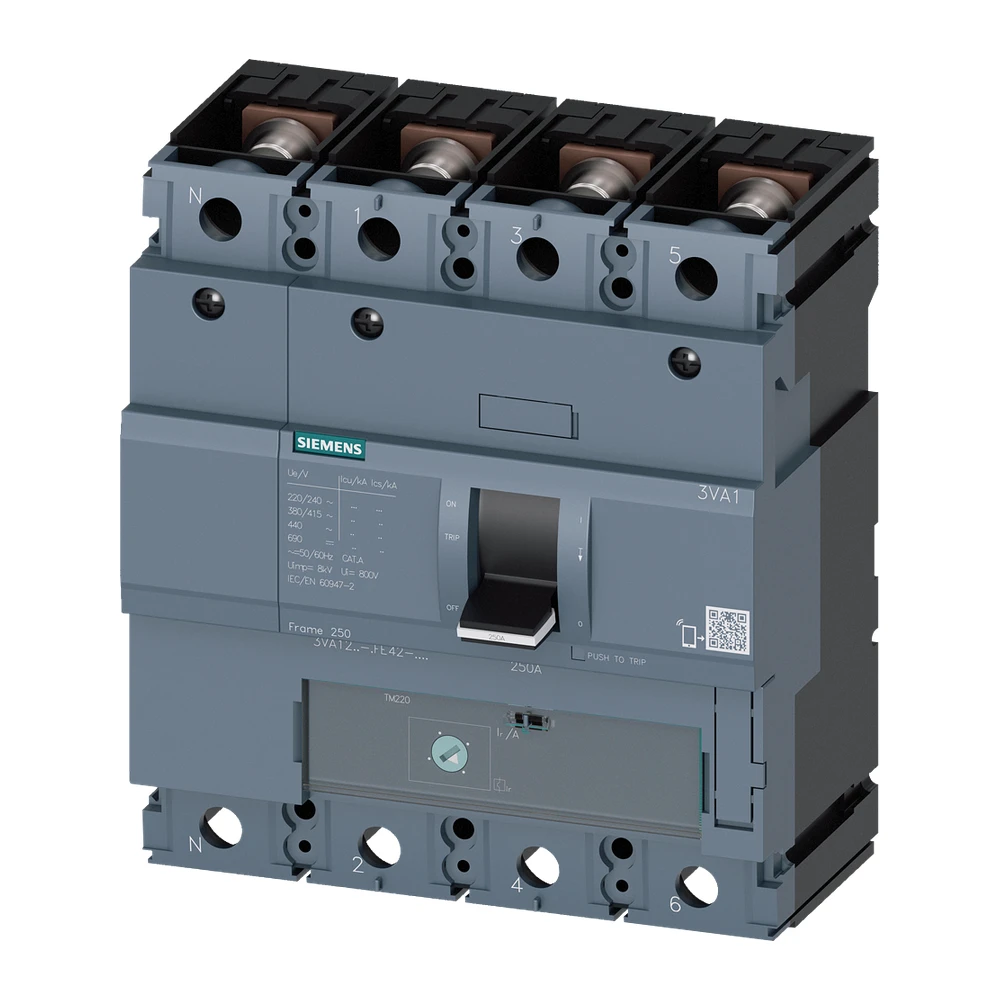 Siemens 3VA 3VA12204GE420AA0 MCCB 200 Amp 4 Pole 36 kA Adjustable Thermal Fixed Magnetic (ATFM)