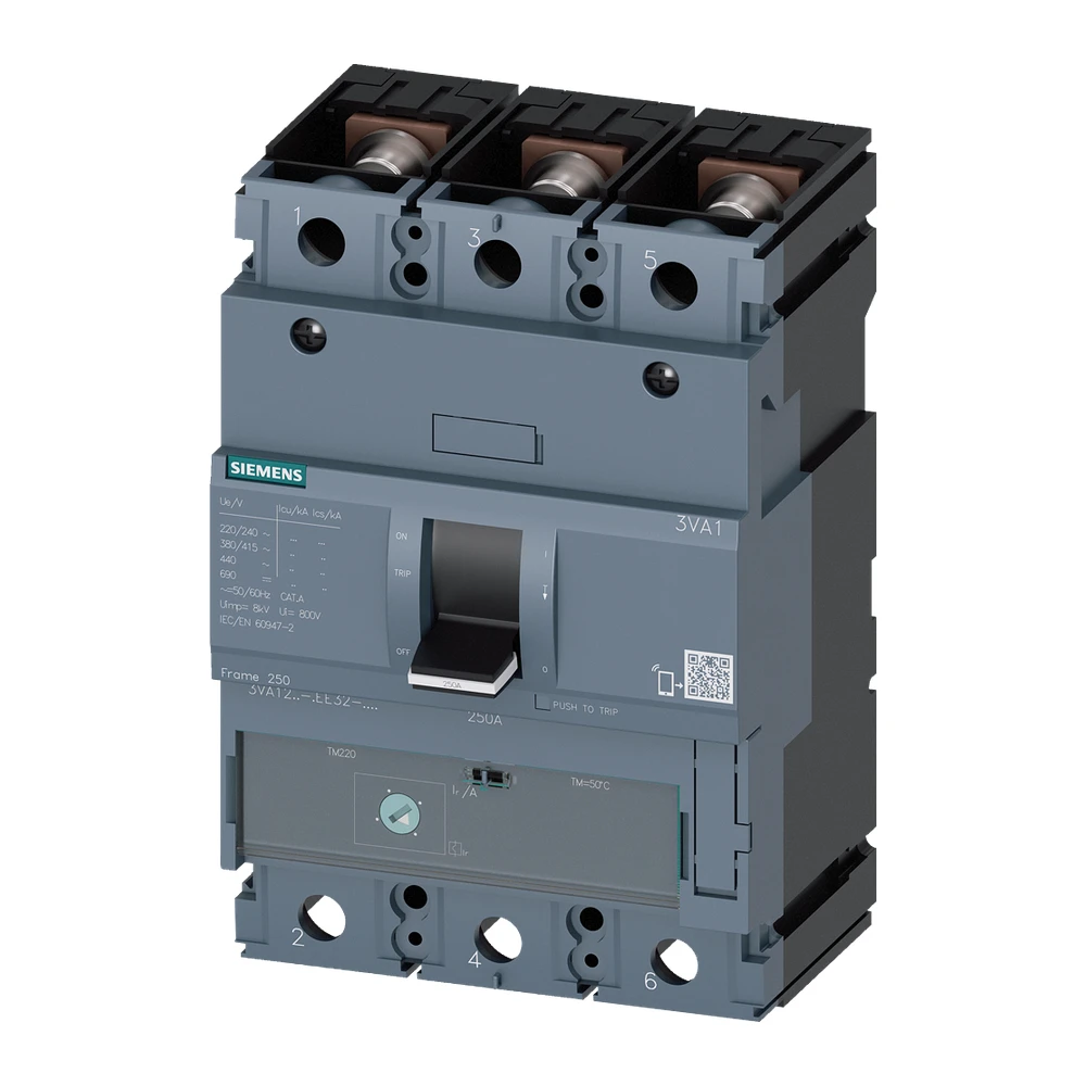 Siemens 3VA 3VA12206EE320AA0 MCCB 200 Amp 3 Pole 70 kA Adjustable Thermal Fixed Magnetic (ATFM)