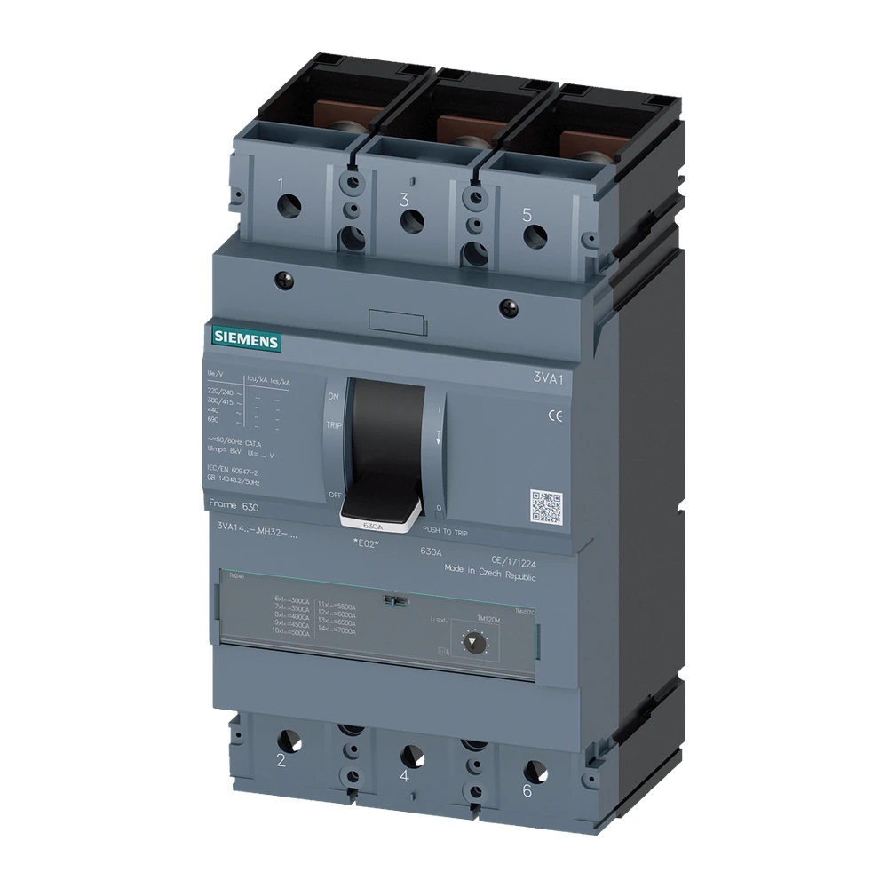 Siemens Sentron 3VA1 MCCB 500 A, 3 Pole, 55 kA, Adjustable Short Circuit, Magnetic Trip Unit, For Motor Starter Protection