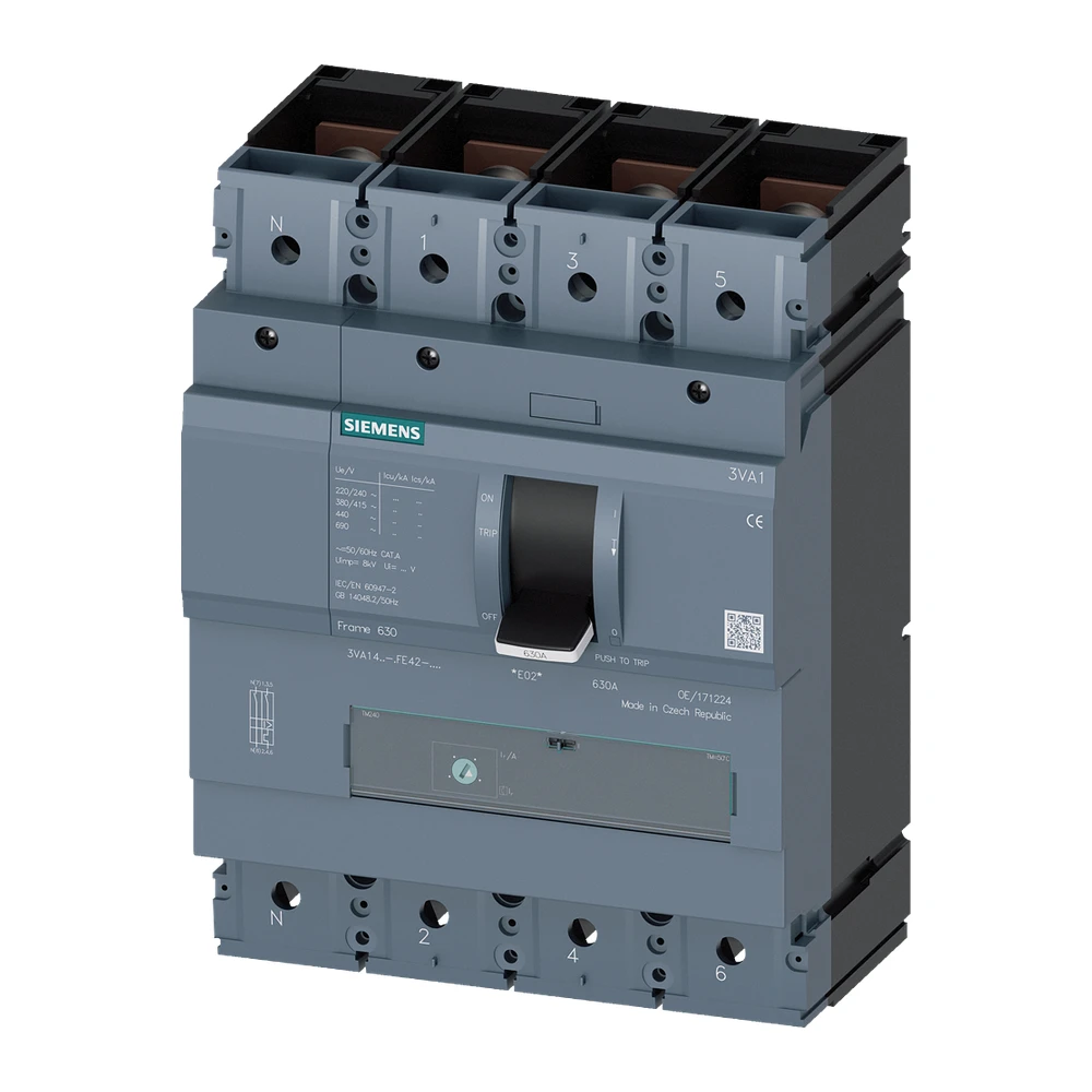 Siemens 3VA 3VA14634GE420AA0 MCCB 630 Amp 4 Pole 36 kA Adjustable Thermal Fixed Magnetic (ATFM)