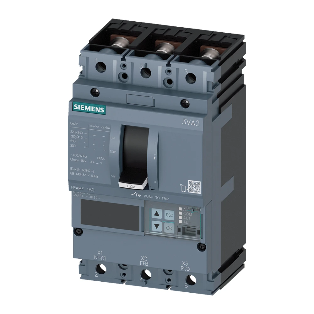 Siemens Sentron 3VA2 MCCB 160 A, 3 Pole, 55 kA, Overload & Short Circuit Settings, Microprocessor Trip Unit ETU550 LSI