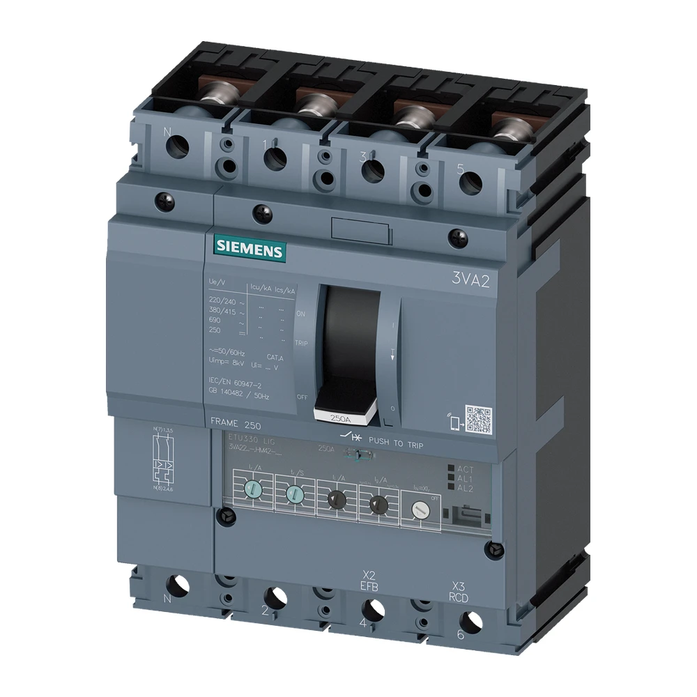 Siemens 3VA 3VA22254HM420AA0 MCCB 250 Amp 4 Pole 36 kA Electronic / Microprocessor