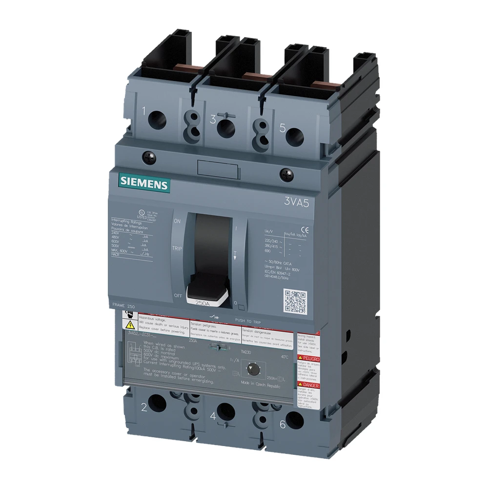 Siemens Sentron 3VA5 MCCB 250 A, 3 Pole, 65 kA, Fixed Overload & Adjustable Short Circuit, Thermal Magnetic Trip Unit, TM230, Ics=100%Icu