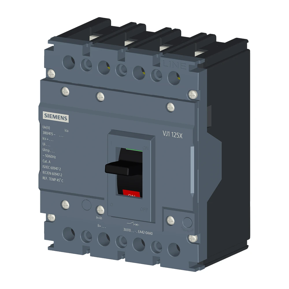 Siemens Sinova 3VJ1 MCCB 100 A, 4 Pole, 10 kA, Fixed Overload & Fixed Short Circuit Settings, Thermal Magnetic Trip Unit (FTFM) - Ics=Icu