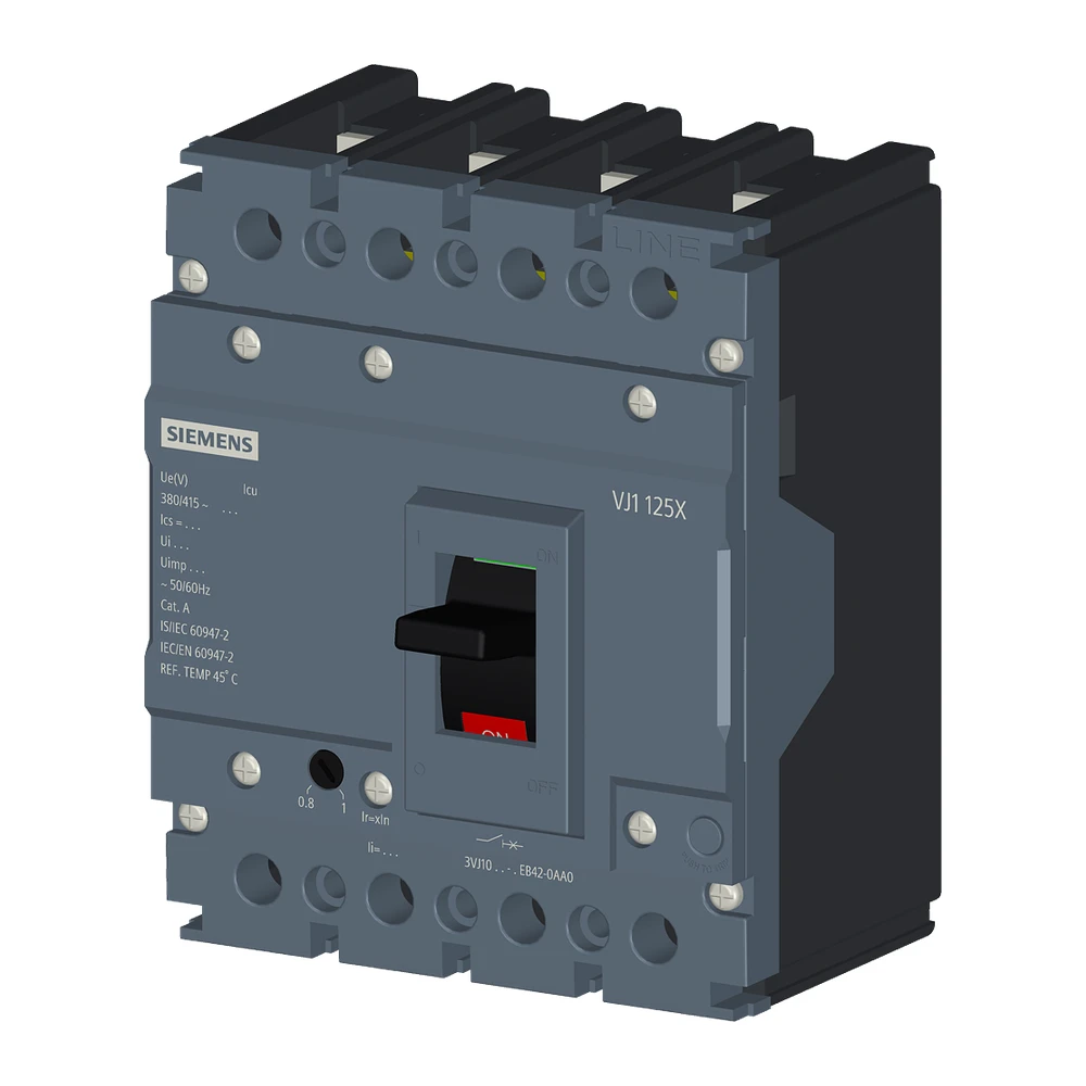 Siemens Sinova 3VJ1 MCCB 125 A, 4 Pole, 10 kA, Adjustable Overload & Fixed Short Circuit Settings, Thermal Magnetic Trip Unit (ATFM) - Ics=Icu