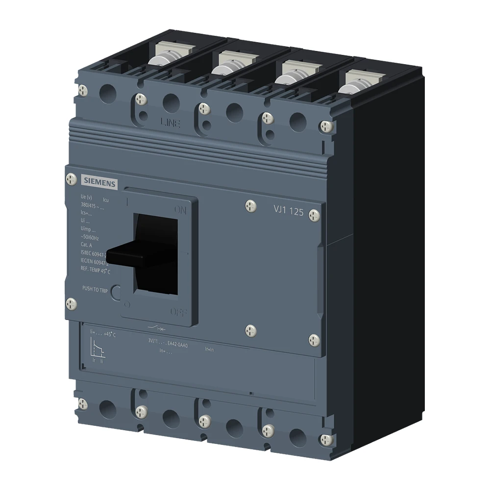 Siemens Sinova 3VJ1 MCCB 125 A, 4 Pole, 36 kA, Fixed Overload & Fixed Short Circuit Settings, Thermal Magnetic Trip Unit (FTFM)