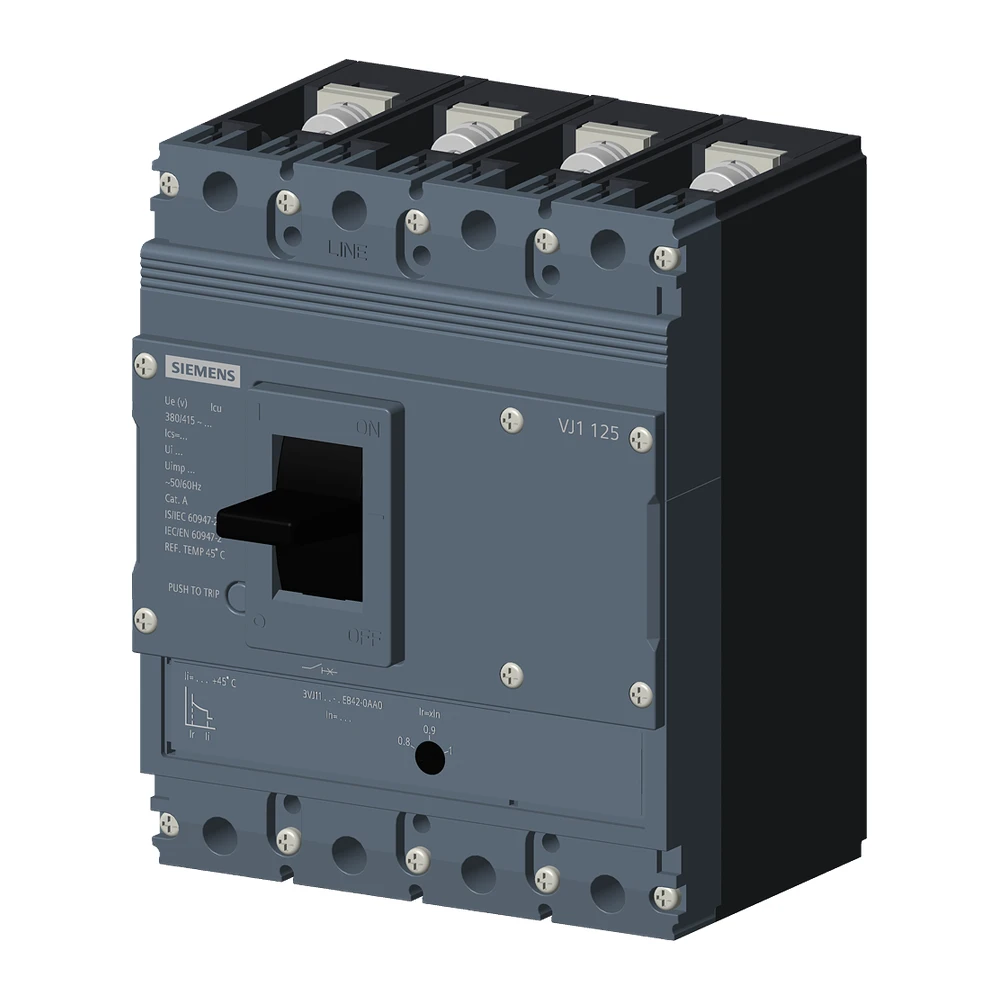 Siemens Sinova 3VJ1 MCCB 125 A, 4 Pole, 55 kA, Adjustable Overload & Fixed Short Circuit Settings, Thermal Magnetic Trip Unit (ATFM)
