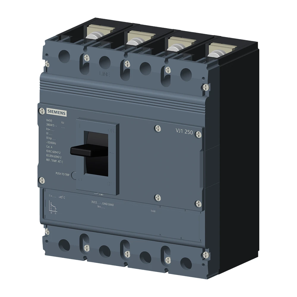 Siemens Sinova 3VJ1 MCCB 250 A, 4 Pole, 25 kA, Fixed Overload & Fixed Short Circuit Settings, Thermal Magnetic Trip Unit (FTFM)
