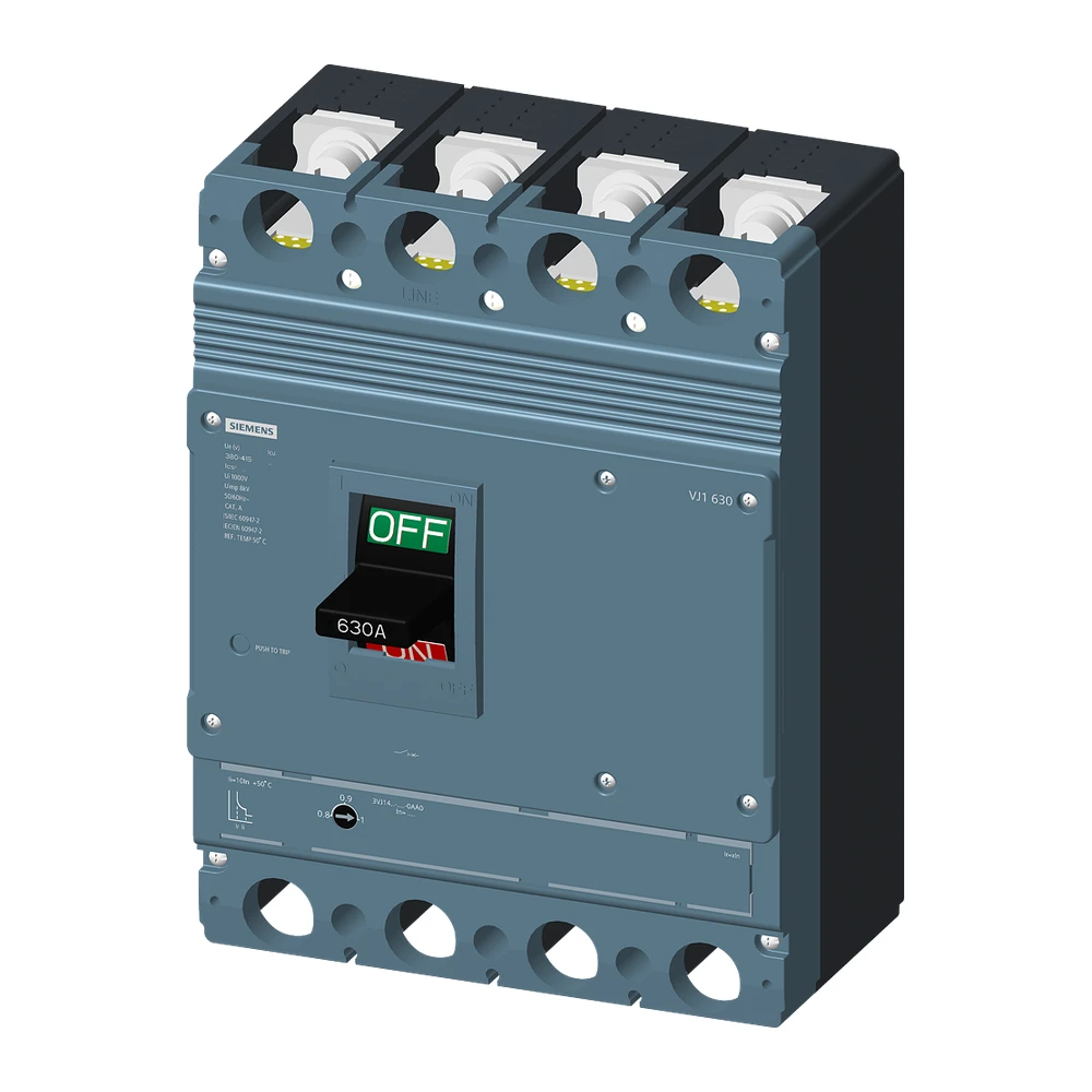 Siemens Sinova 3VJ1 MCCB 500 A, 4 Pole, 36 kA, Fixed Overload & Fixed Short Circuit Settings, Thermal Magnetic Trip Unit (FTFM)