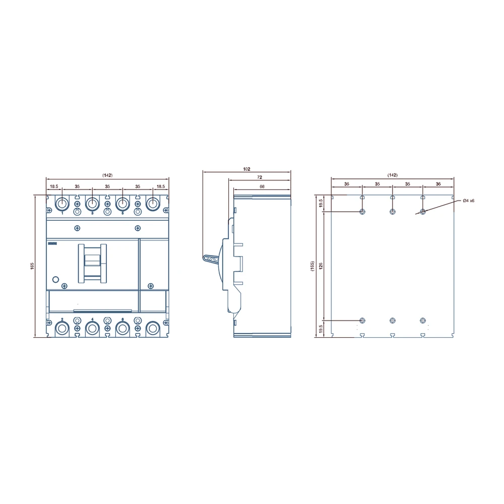 Siemens Sinova 3VJ2 MCCB 250 A, 4 Pole, 55 kA, Overload, Short Circuit & Earth Fault, Microprocessor Based Trip Unit FS250 LSIG - Ics=Icu