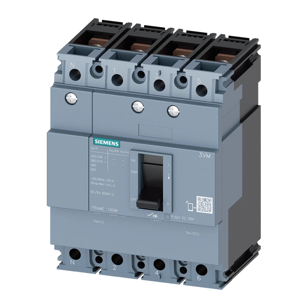 Siemens 3VM 3VM11105GD420AA0 MCCB, 100 Amp, 4 Pole, 55 kA, Fixed Thermal Fixed Magnetic (FTFM)
