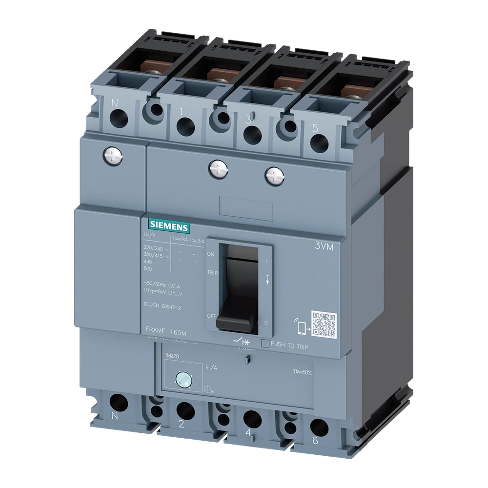 Siemens 3VM 3VM11105GE420AA0 MCCB, 100 Amp, 4 Pole, 55 kA, Adjustable Thermal Fixed Magnetic (ATFM)

