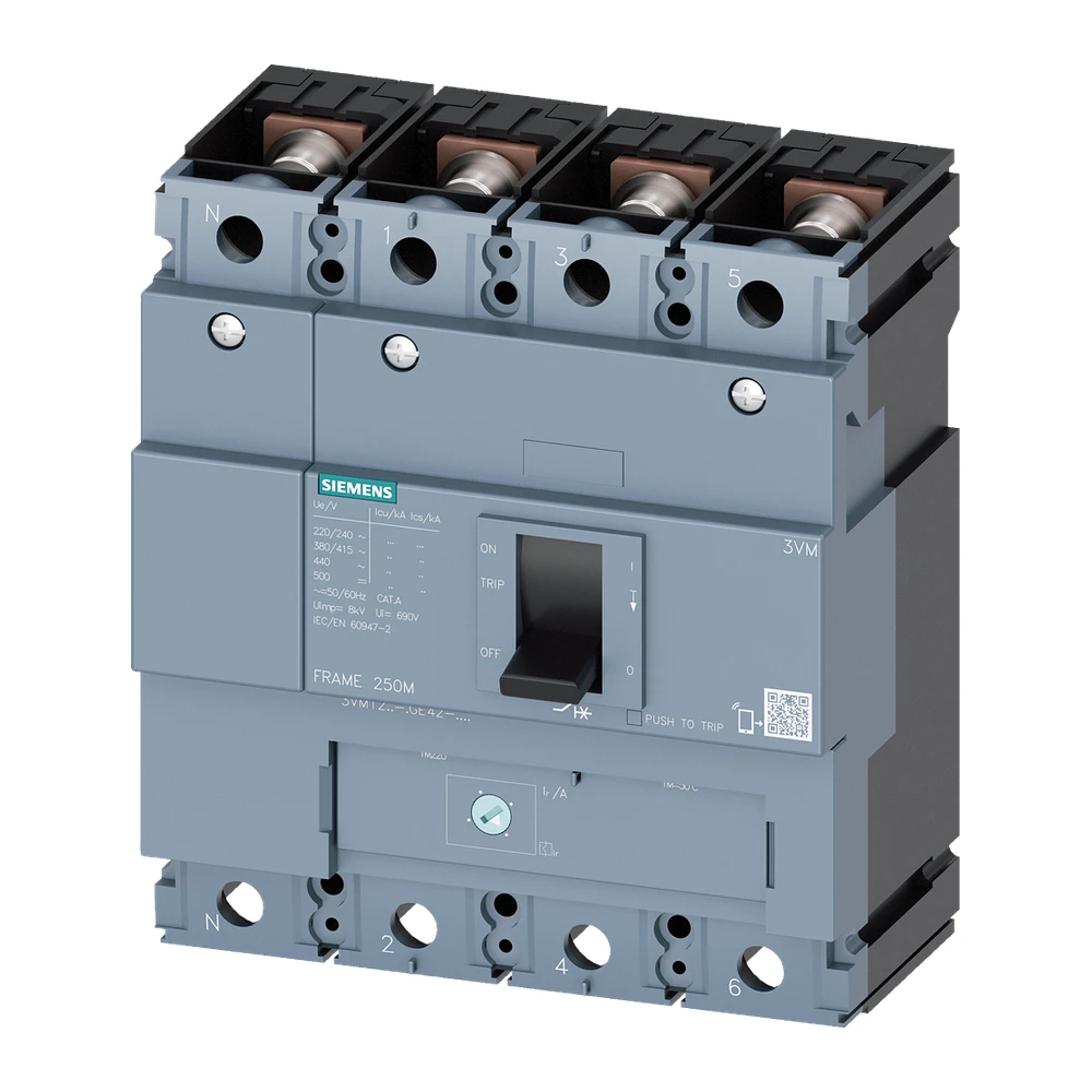 Siemens 3VM 3VM12255GE420AA0 MCCB, 250 Amp, 4 Pole, 55 kA, Adjustable Thermal Fixed Magnetic (ATFM)
