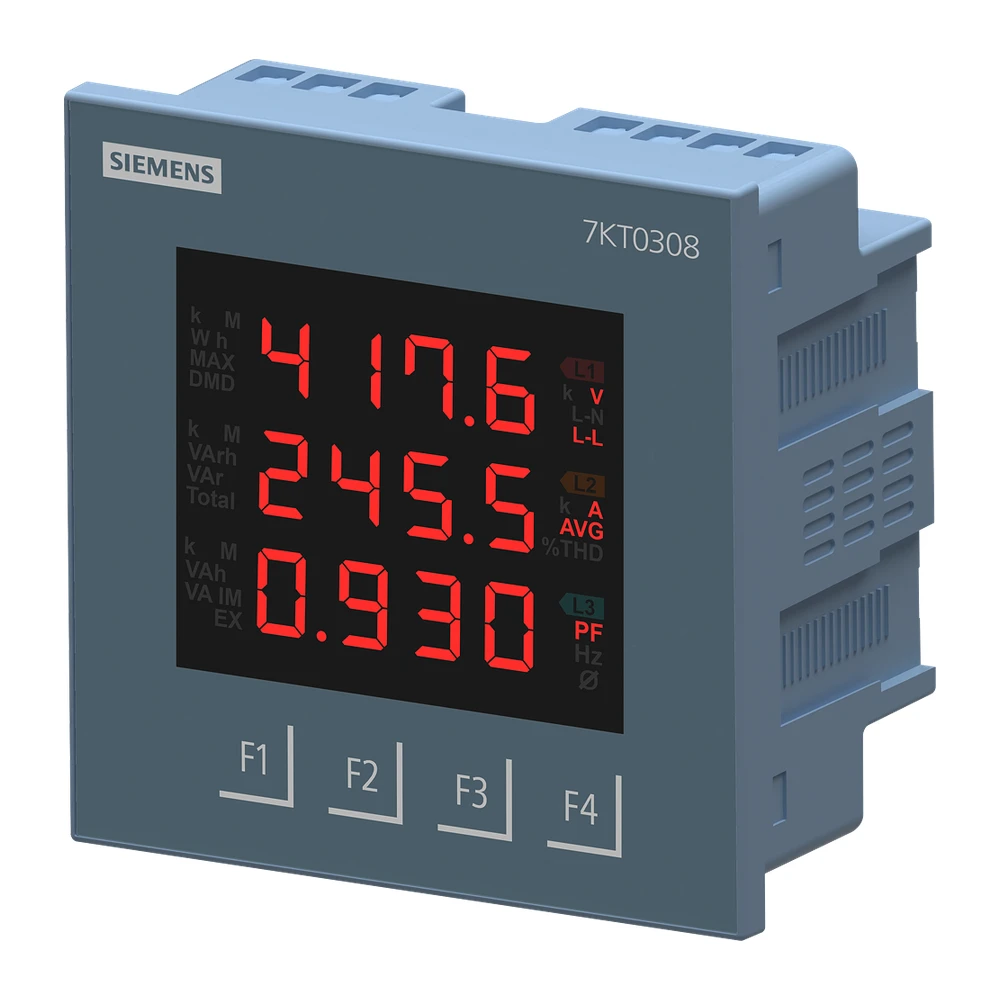 Siemens 7KT Power Monitoring Device Panel instrument Modbus RTU Multi line LED Display Vaux: 95V to 240V AC x/1 or 5 A, Class 1 7KT0308