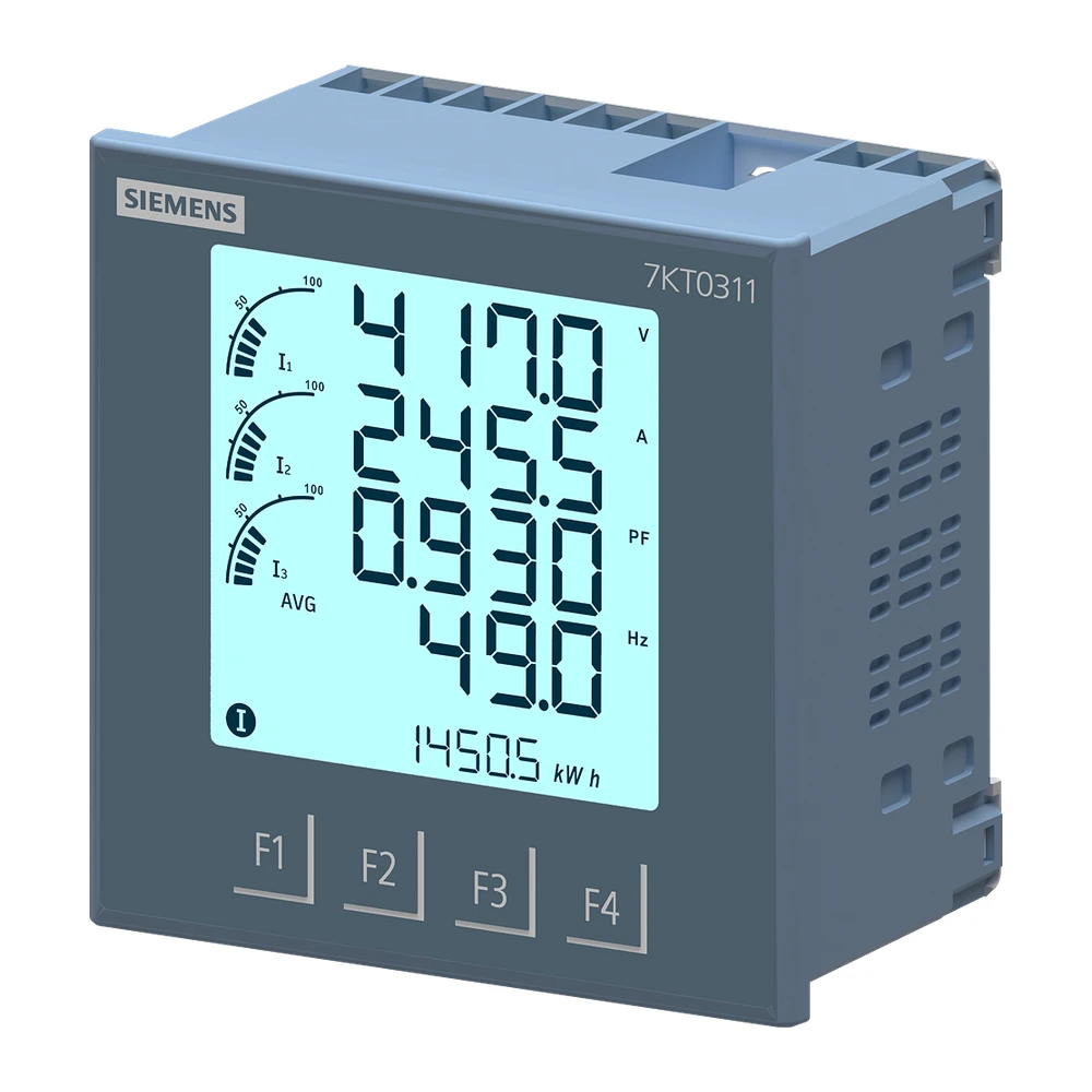 Siemens 7KT Power Monitoring Device Panel Instrument for std Electrical Values Protocol: Modbus RTU LCD Display Vaux: 95 to 240V AC, x/1 or 5 A, Class 0.5 7KT0311
